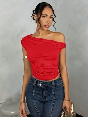 SHEIN Red Off-Shoulder Ruched Crop Top